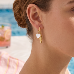Heart Pearl Fish Charm Hoops